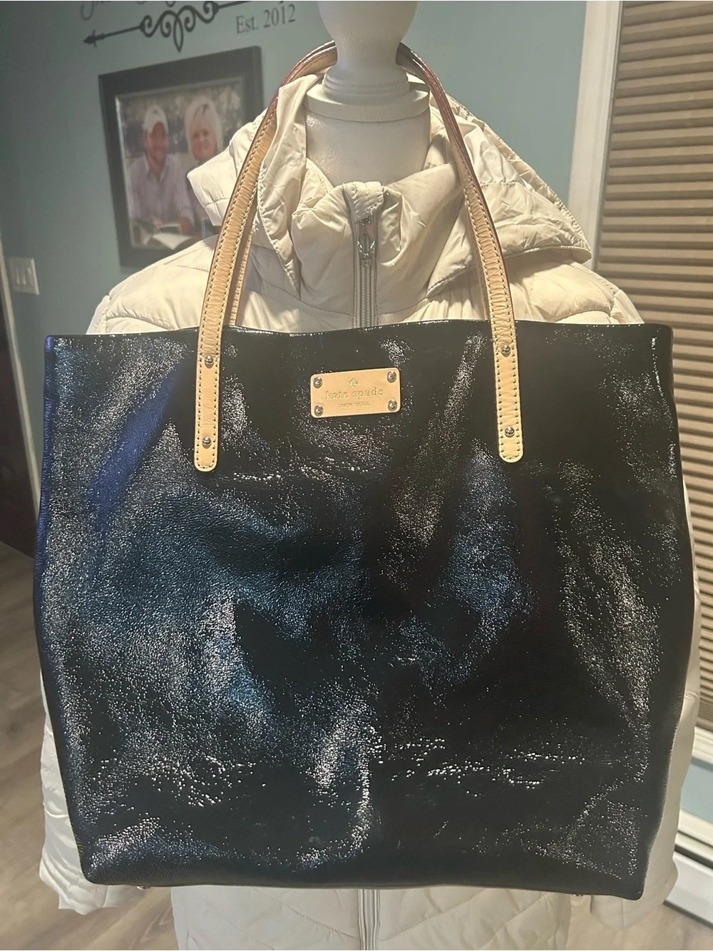 kate spade Black Patent Tote with Tan Leather Handles